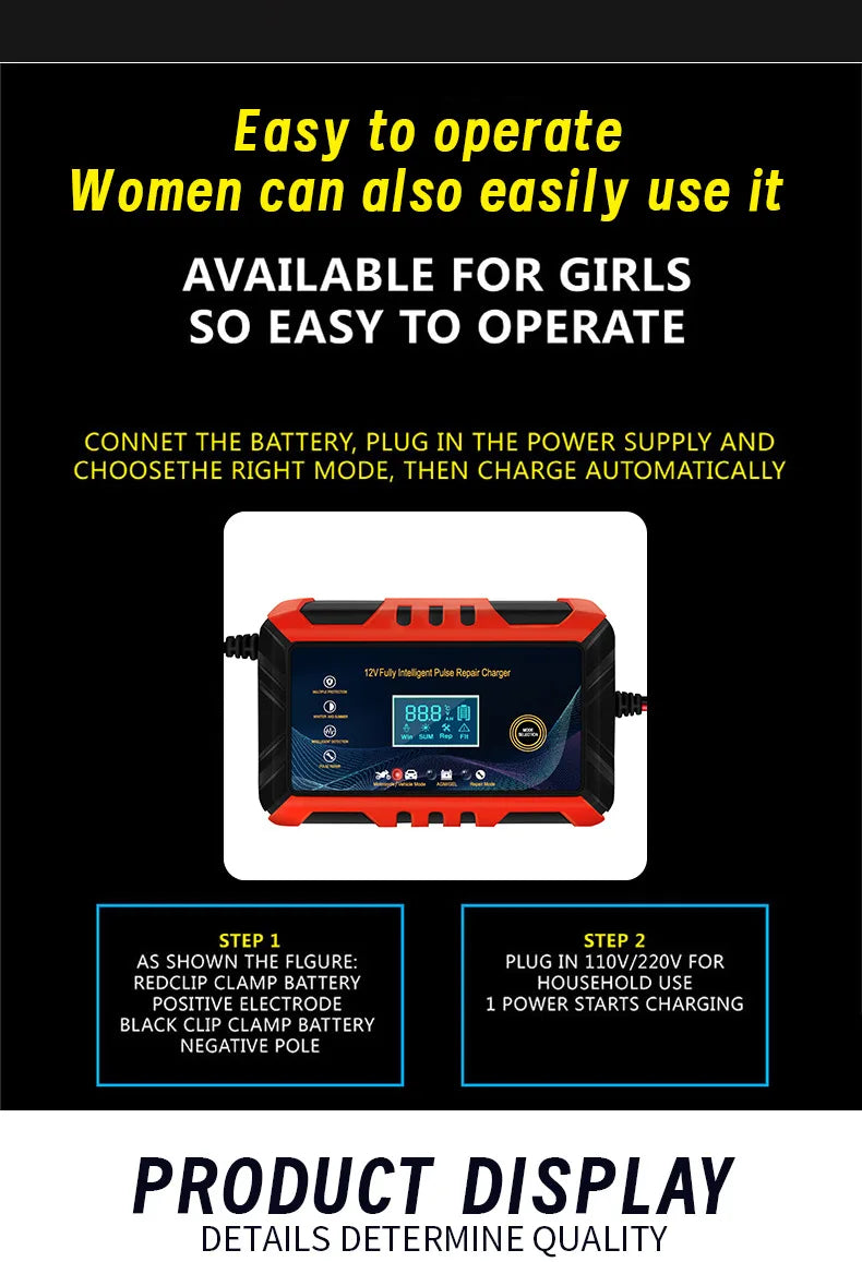 Car Battery Charger Intelligent Pulse Repair LCD Display 12V Car Battery Motorcycle Battery Charging Battery Repair Charger