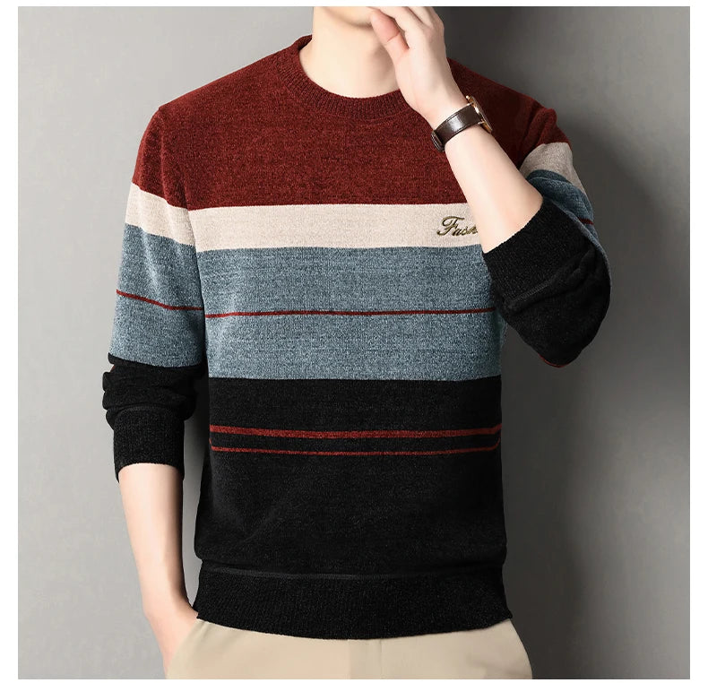 High Quality Men's Sweaters Fashion Knitting Pullover Striped Men's Autumn Winter Tops Round Neck Jerseys Fleece Bottom Shirts