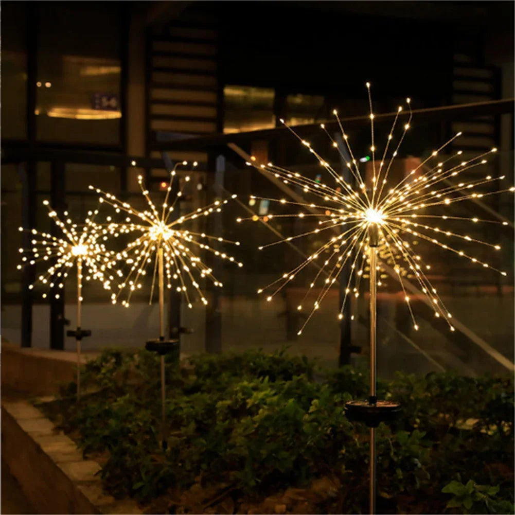 LED Outdoor Solar Fireworks Lights 90/150 LED Fairy Lights 8 Modes Garden Ground Plug Waterproof Holiday for Balcony Lawn Decor