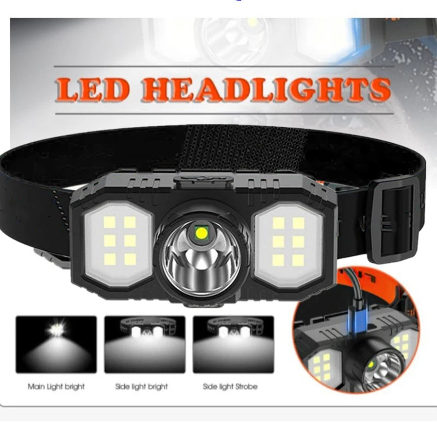 Powerful LED Headlamp Portable Rechargeable Camping High Power LED Flashlight COB IP65 Waterproof 3 Modes For Fishing Running