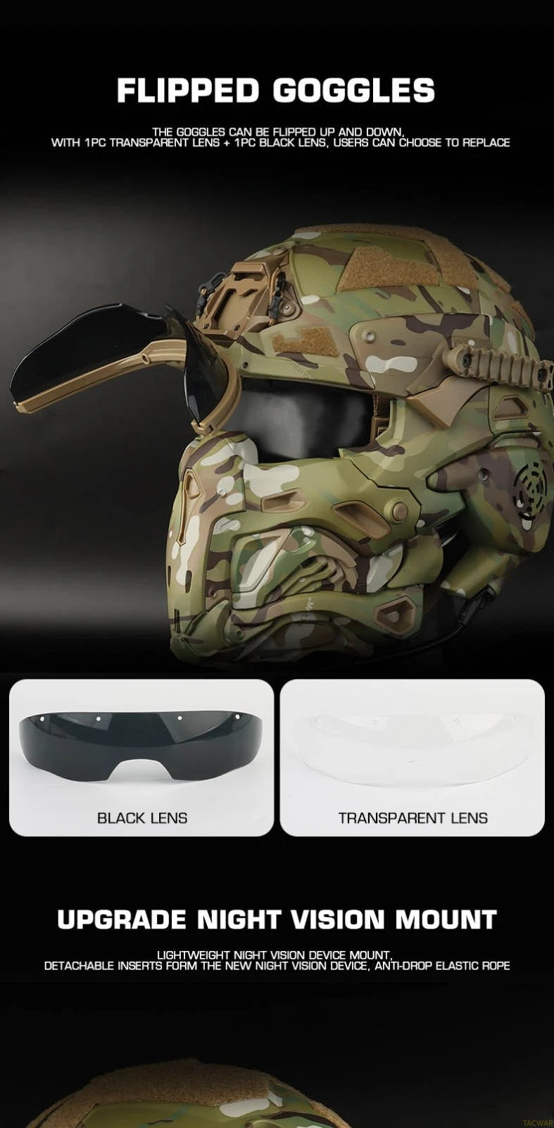 Assault I Airsoft Helmet Full Face, Tactical Helmet with HD Headset Anti-Fog Fan 2 Pairs Lens Flip Mask for Outdoor CS