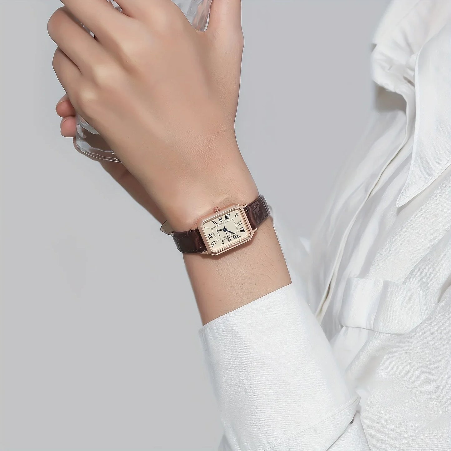 Casual Rectangle Pointer Quartz Watch Rome Fashion Analog Retro PU Leather Wrist Watch For Women Girls
