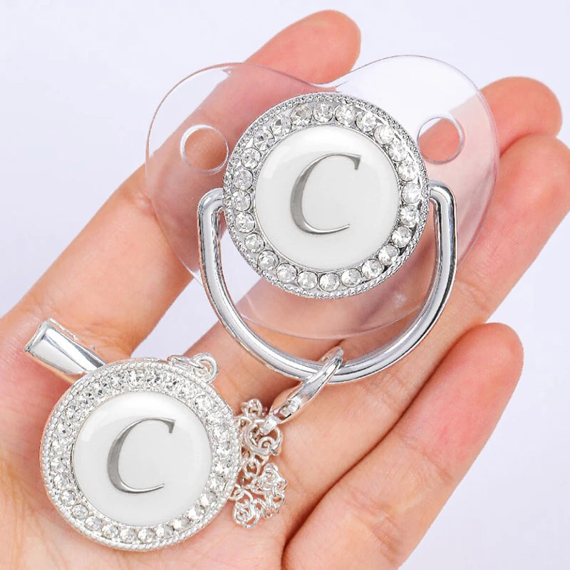 Baby Personalized Pacifier Clip Newborn Luxury Pacifiers Holder Letter Silver Bling Infant Transparent Silicone Teether BPA Free