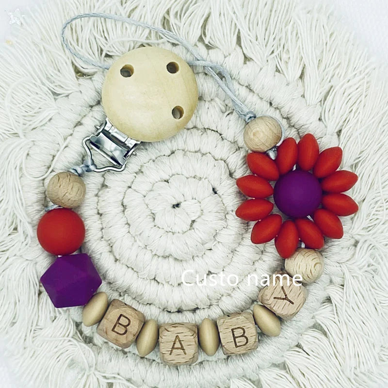 Custom Name Silicone Beads Wooden Ring Pacifier Clips Safe Teething Chains Baby Teether Eco-friendly Dummy Beech Clips Holder