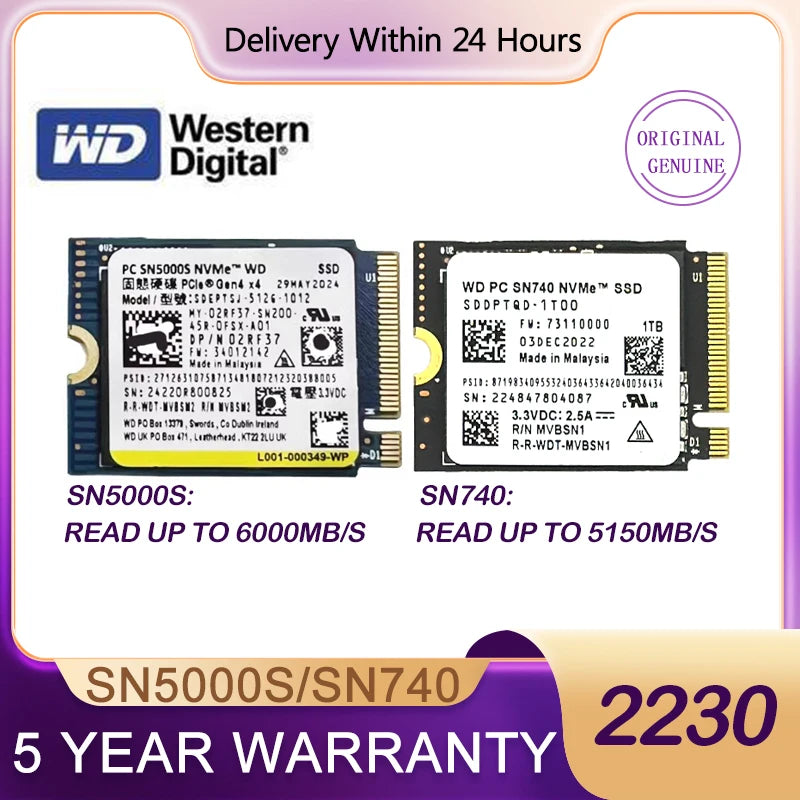Western Digital WD SN740 SN5000S M.2 2230 SSD 2TB 1TB 256GB NVMe PCIe Gen4 x4 For Microsoft Surface Pro X Laptop 3 Steam Deck