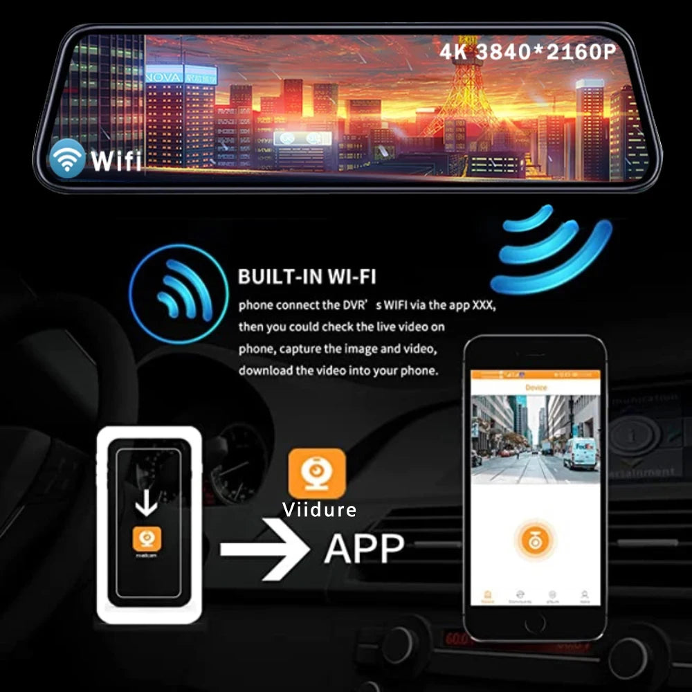 Car DVR 10 Inch 4K GPS WIFI Mirror Dash Cam Dual Lens Dashcam IPS Screen Car Camera Drive Recorder Stream RearView Mirror