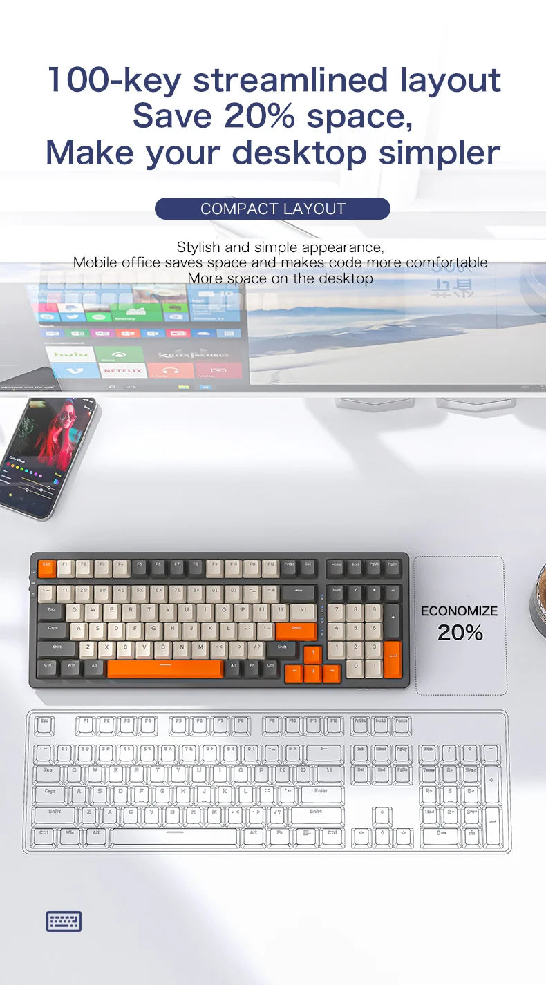 K8 100 Key Wireless Mechanical Keyboard Tri-mode Connection,Full Key Hot Swap,lighting Effects,Gasket Muffler Structure, Laptops