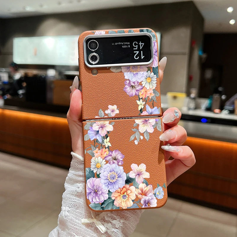 For Samsung Galaxy Z Flip 7 FE 6 5 3 4 Leather Texture Phone Case Floral Flower Soft TPU Folding Cover For Samsung Z Flip5 Flip6