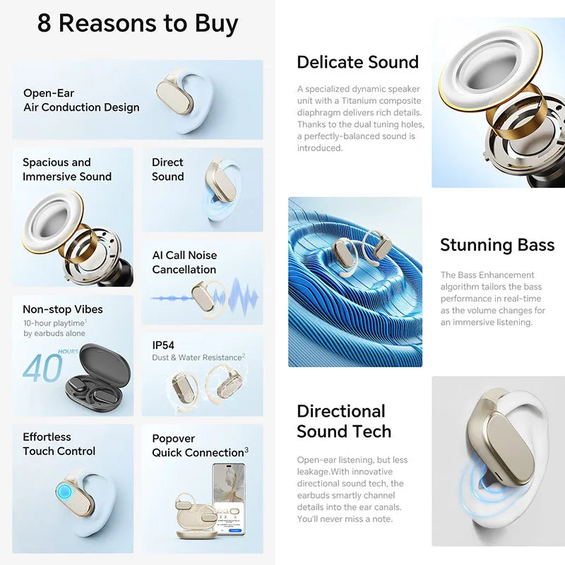 HONOR CHOICE Open-Ear True Wireless Earbuds Open Ear TWS Headphones IP54 10-hour Playtime Immersive Sound Bluetooth 5.3