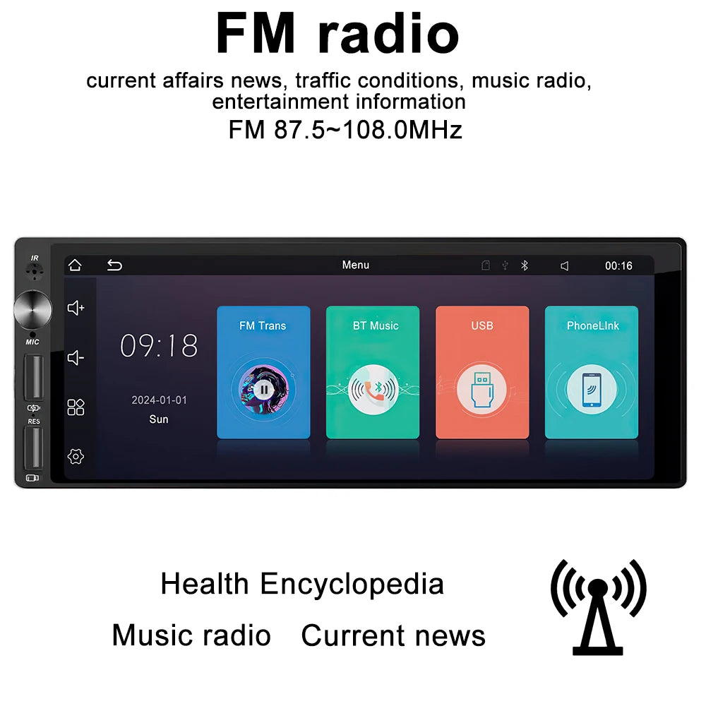 IPS 6.9 Inch 1Din Carplay Android Auto Car Radio Multimedia Video MP5 Player 1 Din No DVD with Bluetooth Stereo USB Charging