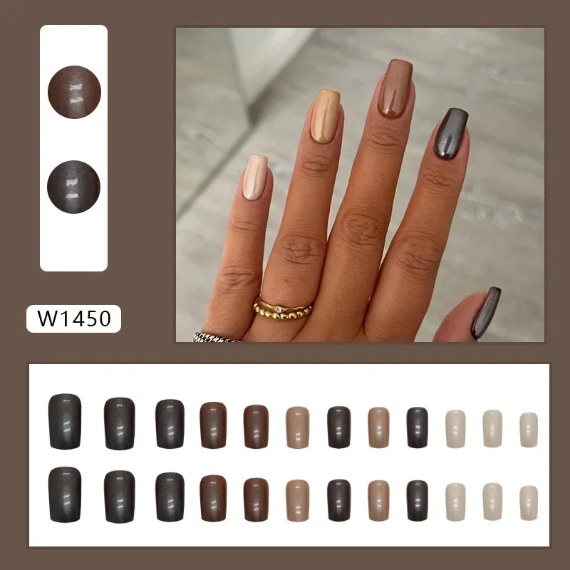 Gold Pink Wine Red 24 Pcs Fake Nail with Jelly sticker Press on False Nails Wearable Round Head Oval Full Cover Nail Tips