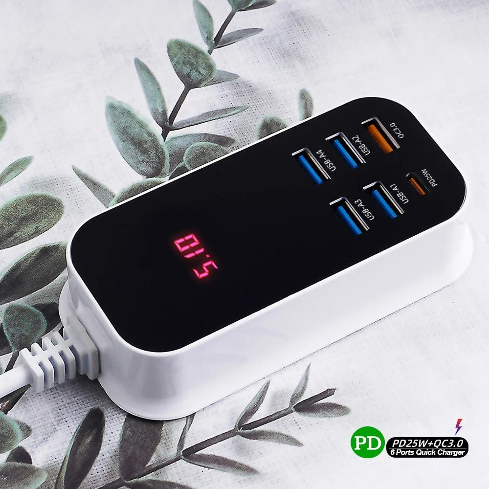 Real 50W 6-Ports USB Quick Charger PD QC 3.0 Fast Charging Display Type-C EU UK US 1.5M Desktop Power Adapter For Iphone Samsung