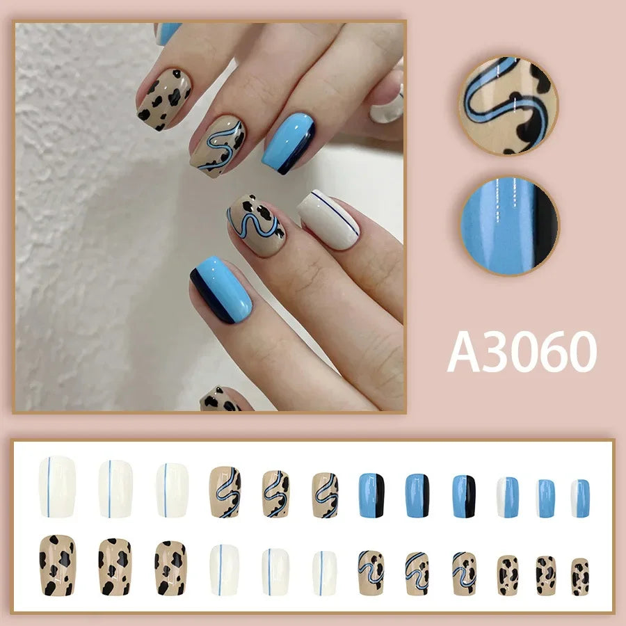 Watercolor Rose Fake Nail with Jelly sticker Press on False Nails Wearable Round Head Oval Full Cover Nail Tips