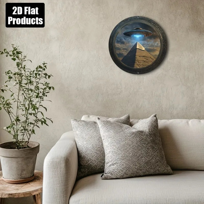 Pyramid UFO Theme Round Aluminum Metal Decorative Plaque Sign,Suitable for Bar Kitchen Cafe Home Office Decoration, Holiday Gift