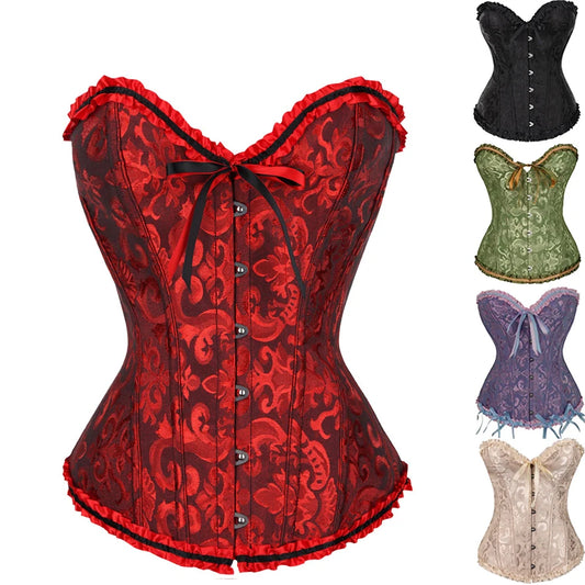 Sexy Corsets Bustiers Floral Lace Tops For Women Flower Print Vintage Corset Gothic Satin Lingerie Corselet Overbust Boned