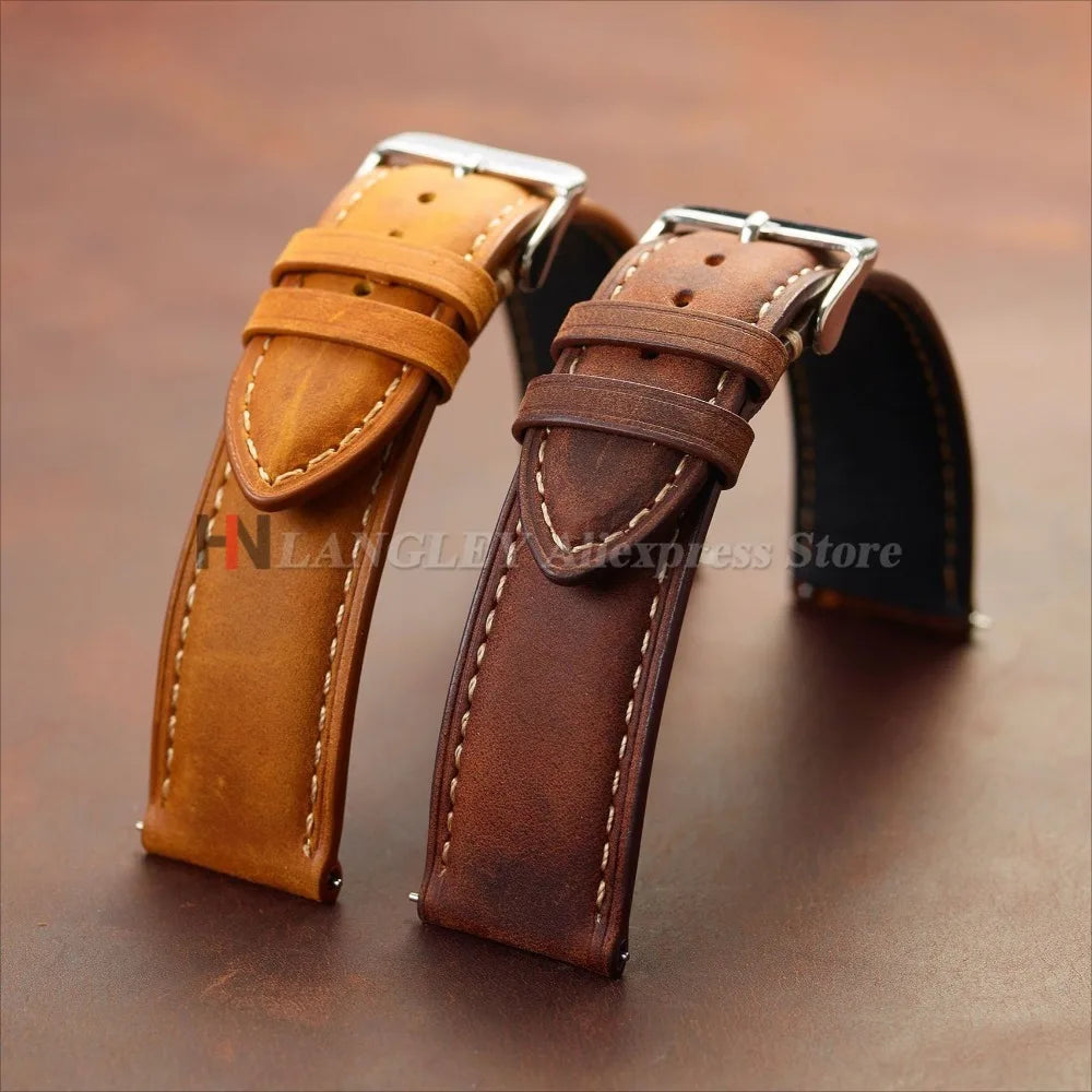 Cowhide Leather Watch Strap 14mm 16mm 18mm 20mm 22mm 24mm for Samsung Galaxy Watch 7/6/5/4 Vintage Brown Quick Release Bracelets
