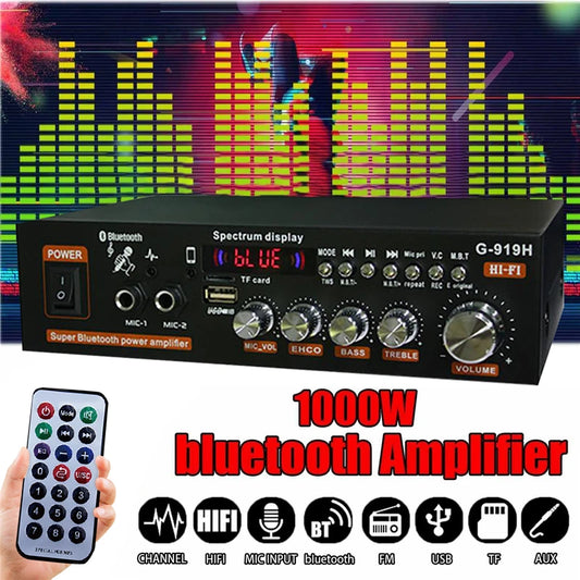 G919H 1000W Home Car Power Amplifiers 2 Channel Bluetooth Surround Sound FM USB Remote Control Mini HIFI Digital Stereo Amp