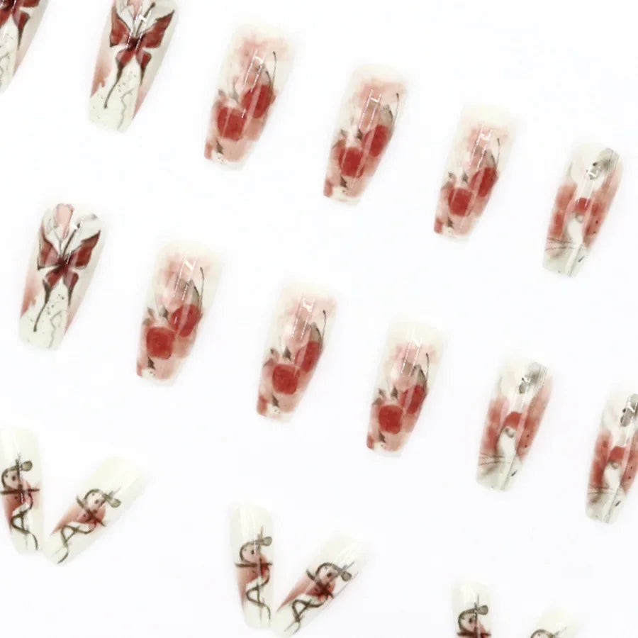 Watercolor Rose Fake Nail with Jelly sticker Press on False Nails Wearable Round Head Oval Full Cover Nail Tips