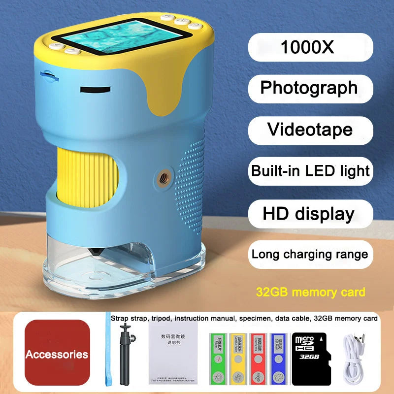 Handheld Digital Microscope For Kids With 2Inch HD Screen Videotape 200-1000X Pocket Microscope Educational Gift For Children