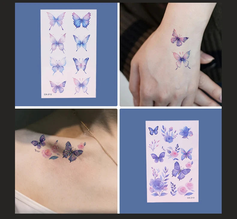 6pcs Glitter Gradient Dreamy Butterfly Waterproof Temporary Tattoo, Long-Lasting Waterproof, Realistic Fake Tattoo