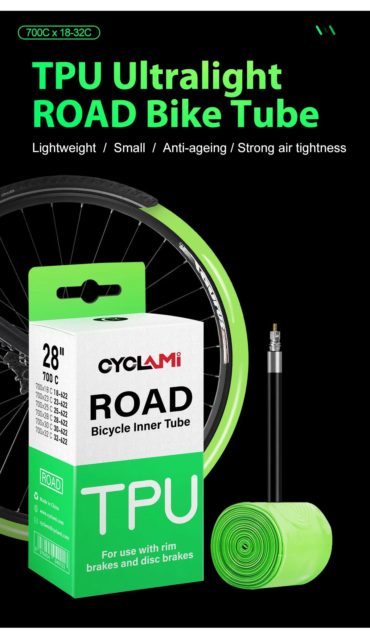 CYCLAMI TPU Material Ultralight Bike Inner Tube 700C 18 32 Road MTB Bicycle Tire 45 65 mm Length French Valve Tyre Repair Tools