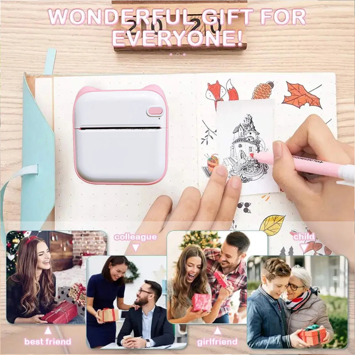 Mini Printer with 13Rolls Papers Halloween Gifts Pocket Thermal Printer Inkless Portable Sticker Printer Wireless Photo Printer