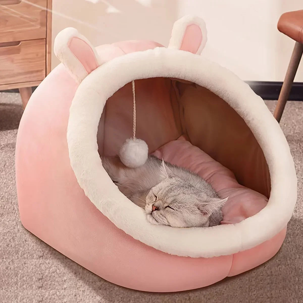 Puppy Cat Cave Bed with Washable Cushion Soft Warm Hideout Cute Pink Beds And Furniture Basket for Dog Pet Accessories