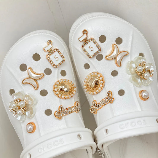 12pcs Gloden Shoe Charms 3D Flower Perfume Faux Pearl Shoe Buckle Decoration Suitable For Crocs Kids Party Gift