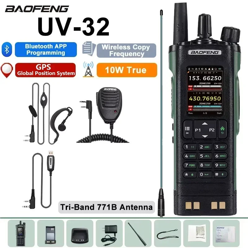 Baofeng UV 32 Walkie Talkie 10W GPS Bluetooth Programming Wireless Copy Frequency Multi Band USB-C FM AM Ham Radio Updated UV25M
