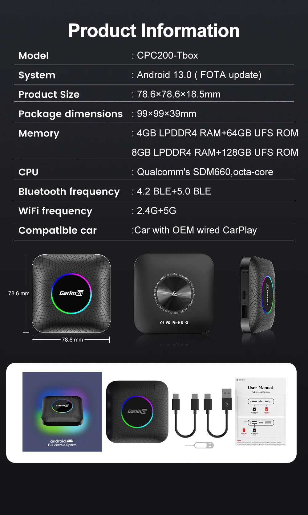 CarlinKit SDM660 Android 13 TV Box CarPlay Ai Box 8G+128G Wireless CarPlay Android Auto 4GLTE BT WiFi Streaming Box for OEM Car