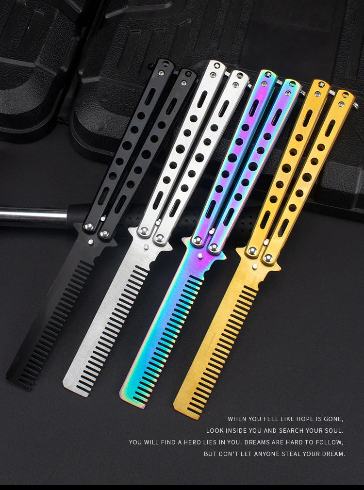 Foldable Comb Stainless Steel Practice Training Butterfly Knife Comb Beard Moustache Brushe Salon Hairdressing Styling Tool