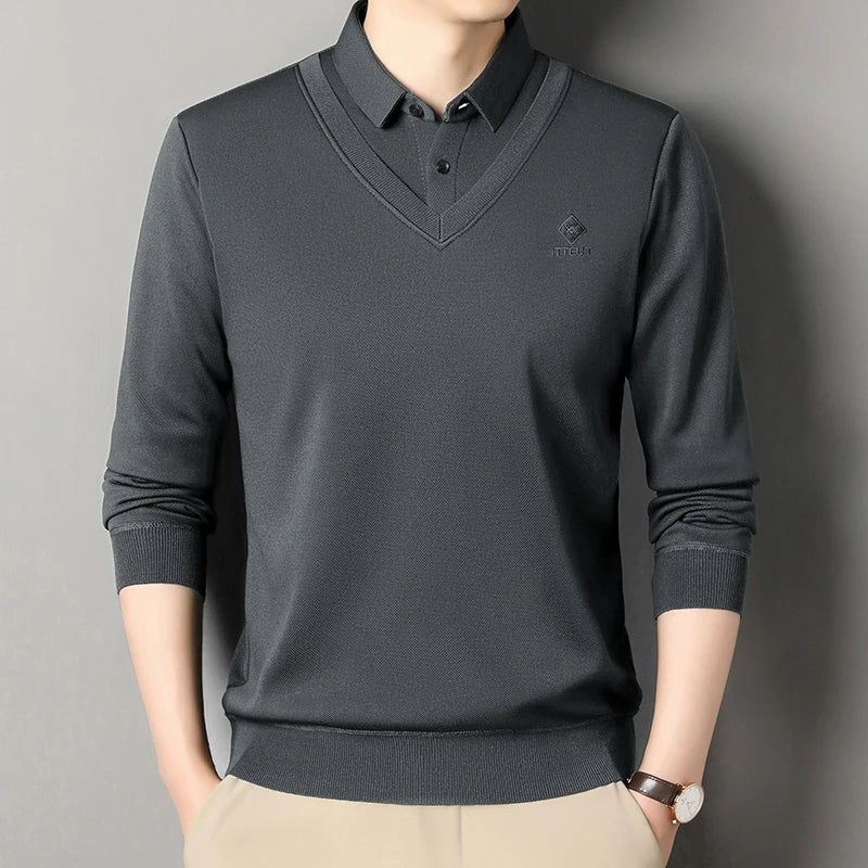 Men's Winter Sweater Velvet Pullover Solid Color Slim Fit Elegant Luxury Brand Knitwear Fake Two Pieces Knitted Sweaters