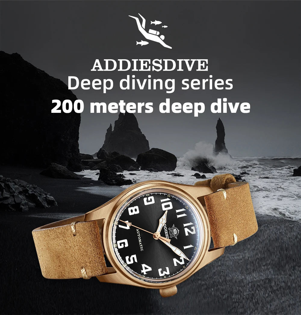 ADDIESDIVE 39mm Vintage CuSn8 Bronze Diver 200m Men's Watch Bubble mirror sapphire glass Automatic Mechanical Leather Strap