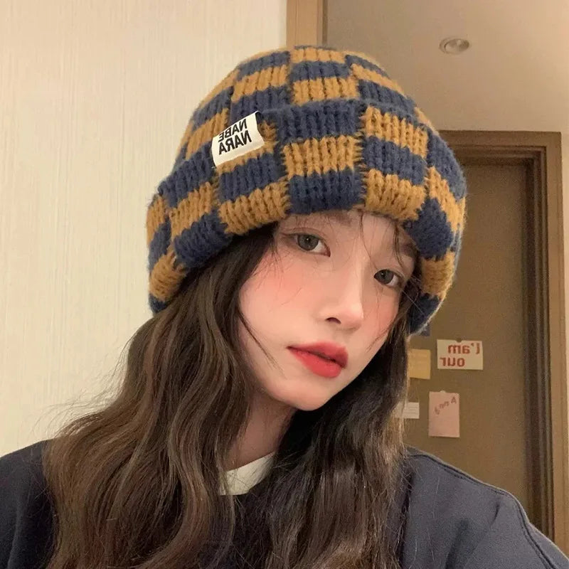 Luxury Brand Chessboard Plaid Knitted Hat Women Winter New Big Size Hat Warm Beanies Skullies Green Red Xmas Christmas Hat