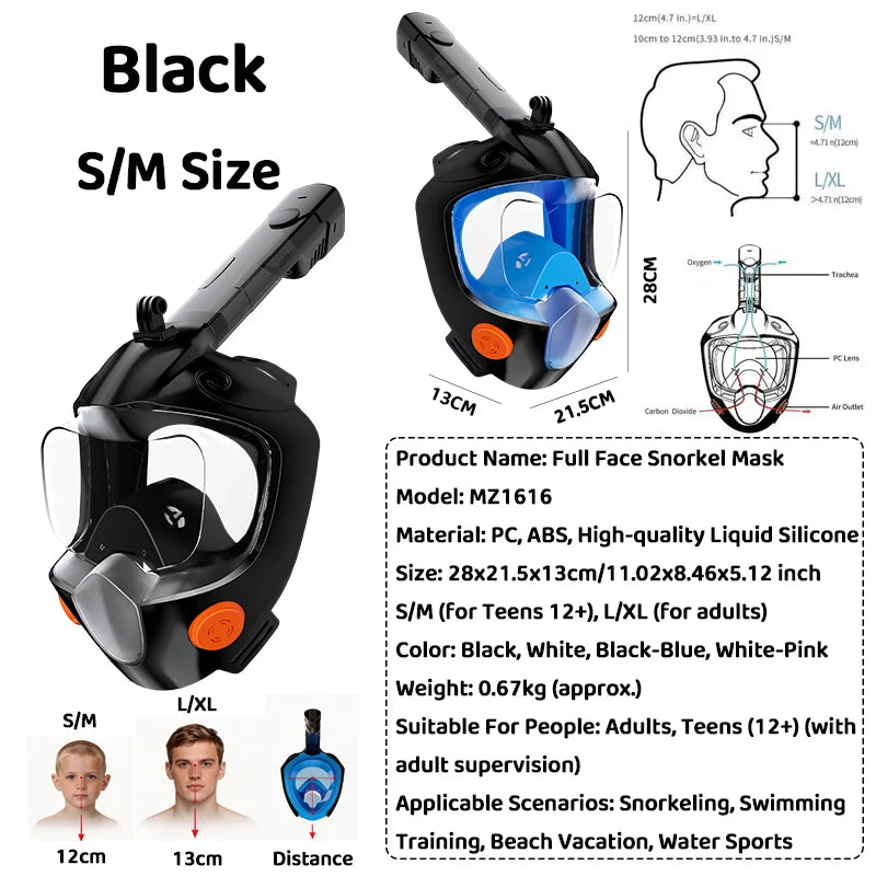 Full Face Snorkel Mask 180° Panoramic View Dry Top Snorkel Anti-Fog Leak-Proof Safe Breathing Swimming Diving Gear for Adults
