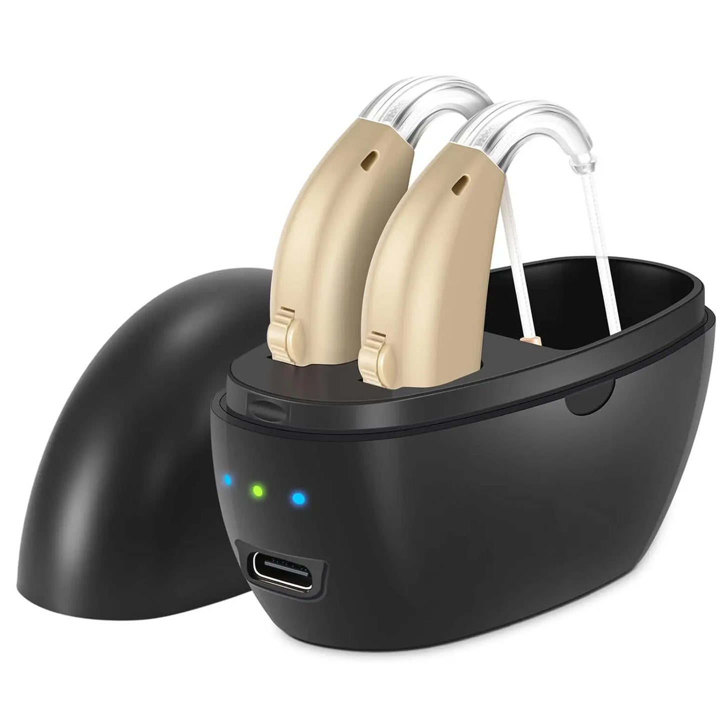 Hearing aid, rechargeable for seniors, noise reduction, 5-level volume adjustment, clear sound, with charging case
