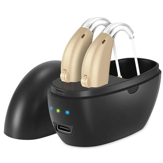 Hearing aid, rechargeable for seniors, noise reduction, 5-level volume adjustment, clear sound, with charging case