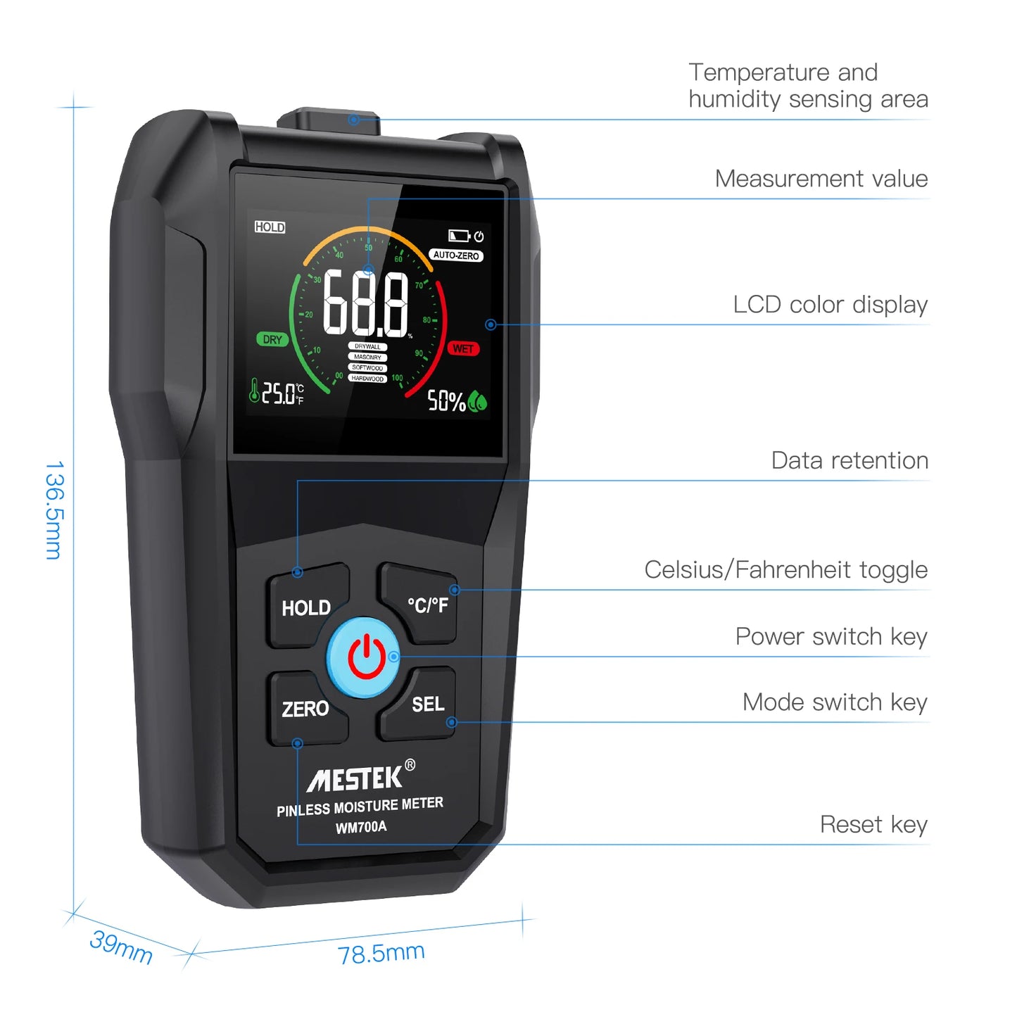 Non-Contact Wood Moisture Meter Inductive Wood Timber Moisture Meter Color Screen Digital Electromagnetic Wood Humidity Tester