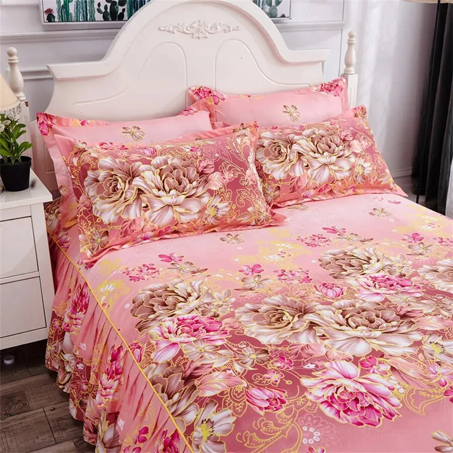 3PCS Bed Skirt Set (Bedsheet * 1 Pillowcase * 2, Coreless), Printed Bedskirt, All Season Universal Anti Slip