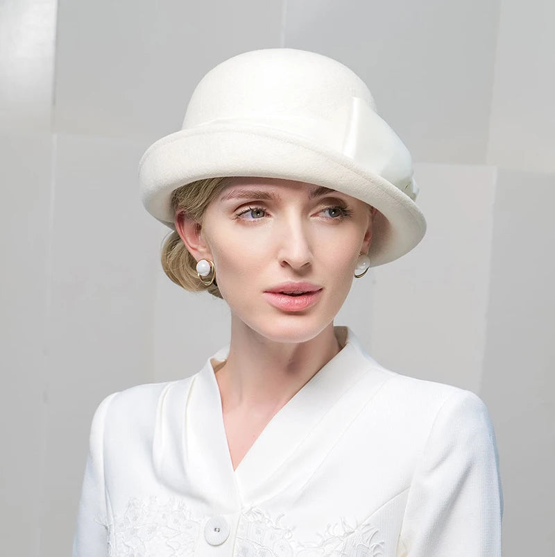 Wool Felt Fedoras Hats for Women Ladies White Black Elegant Curl Brim Top Hat for Wedding Bride Formal Church Cocktail Tea Party