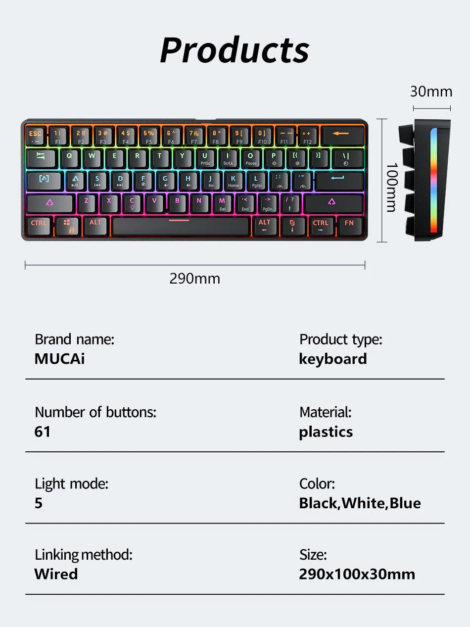 MUCAI 61USB Wired Mechanical Keyboard Red Axis 61 Keys Hot Swappable Interface RGB Lighting Compact Practical Design
