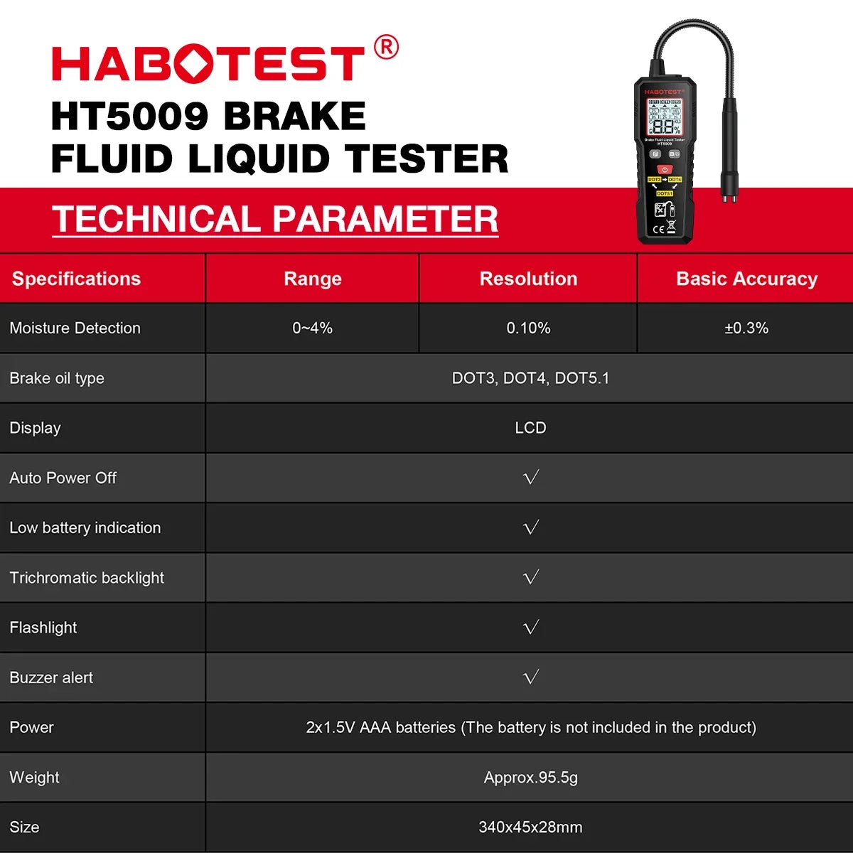 Digital Brake Fluid Tester Auto Car Brake Oil Moisture Detector DOT3/DOT4/DOT5.1 with Backlight Flexible Probe Brake Oil Tester