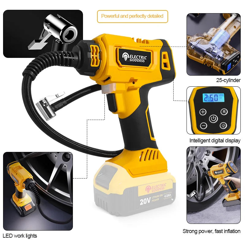 830kpa Cordless Yellow Air Pump Car Tire Air Pump Digital Display Equipped With Led Light For Dewalt 20v Battery