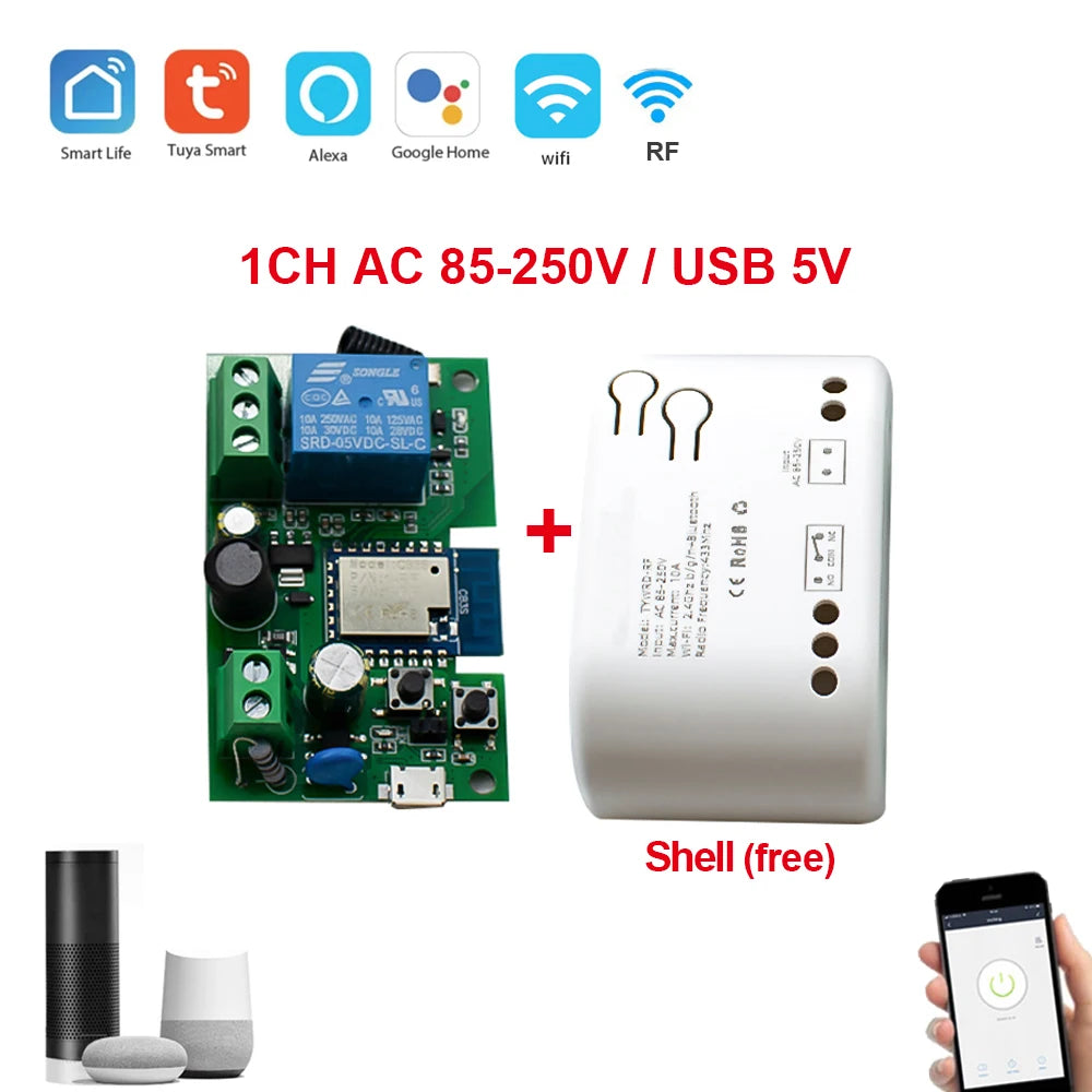 Tuya Smart 4 Channel WiFi RF Momentary Inching Relay Self-Lock Switch Module,DIY WiFi Garage Door Controller, Alexa Google Home