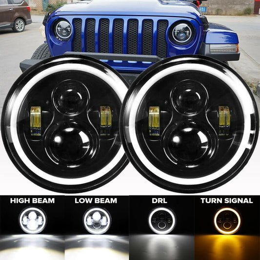 2pcs Car 7" Led Headlight Hi/Low H4 Halo Angle Eyes For Urban Harley BMW Jeep JK 4x4 Suzuki Samurai Jeep Wrangler Off Road