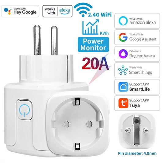 20A Wifi Smart Plug EU Socket With Power Monitoring Timing Function Voice Control Support Alexa Google Home Assistant Tuya App