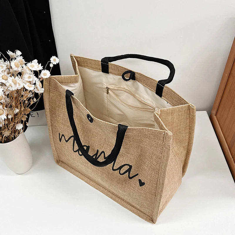 Women Large Capacity Tote Bag Mama Letter Printing Casual Fashion Linen Handbag Shopping Shoulder Bag Mother’s Day Gifts for Mom