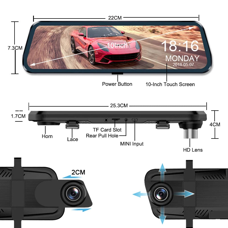 10 Inch Mirror Camera for Car Touch Screen Video Recorder Rearview Mirror Dash Cam Front and Rear Camera Mirror DVR Black Box