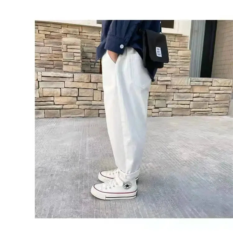 2024 New Baby Pants Solid Color Kids Causal Fashion Trousers Loose Spliced Pocket Harajuku Pants Cotton Boys Children's Clothing