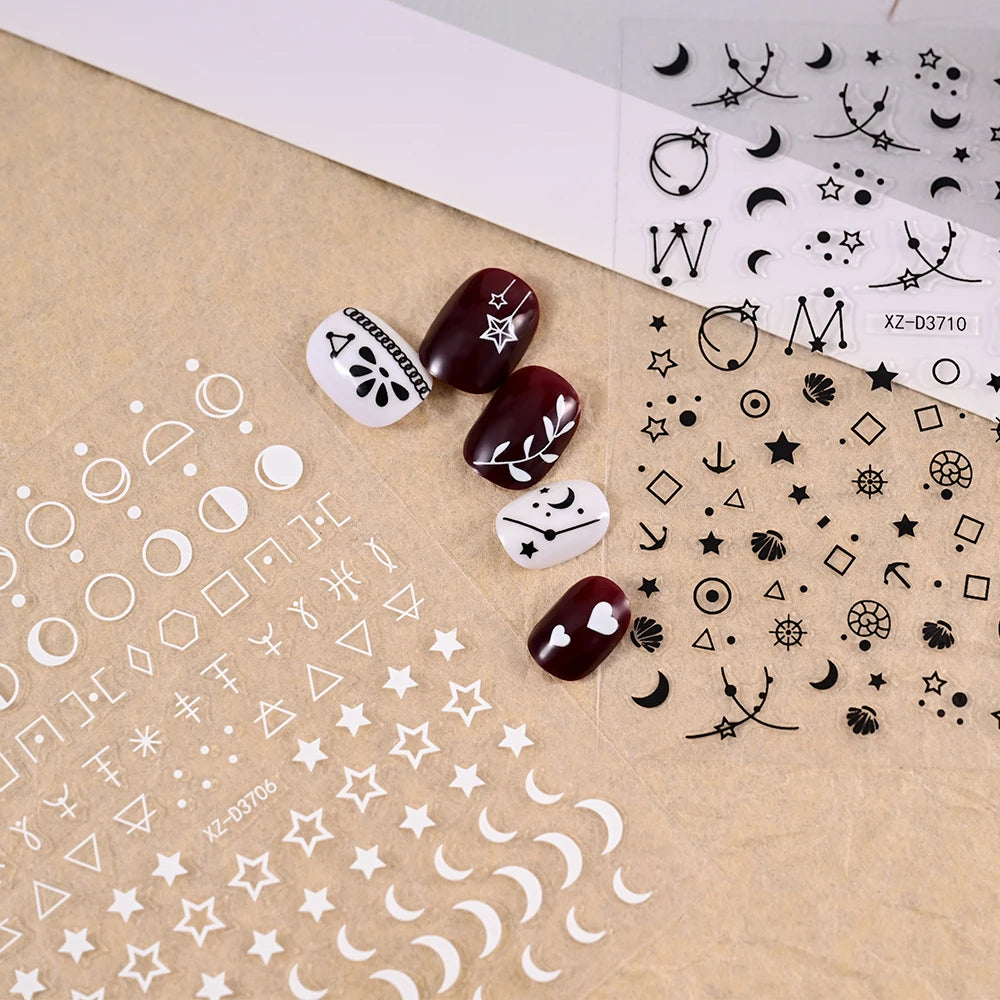 12Pcs Gold/Silver Tasse/Line/Star/Moon 3D Nail Art Stickers Leaf/Geometric Design Self-adhesive Sliders Luxury Manicure Decals